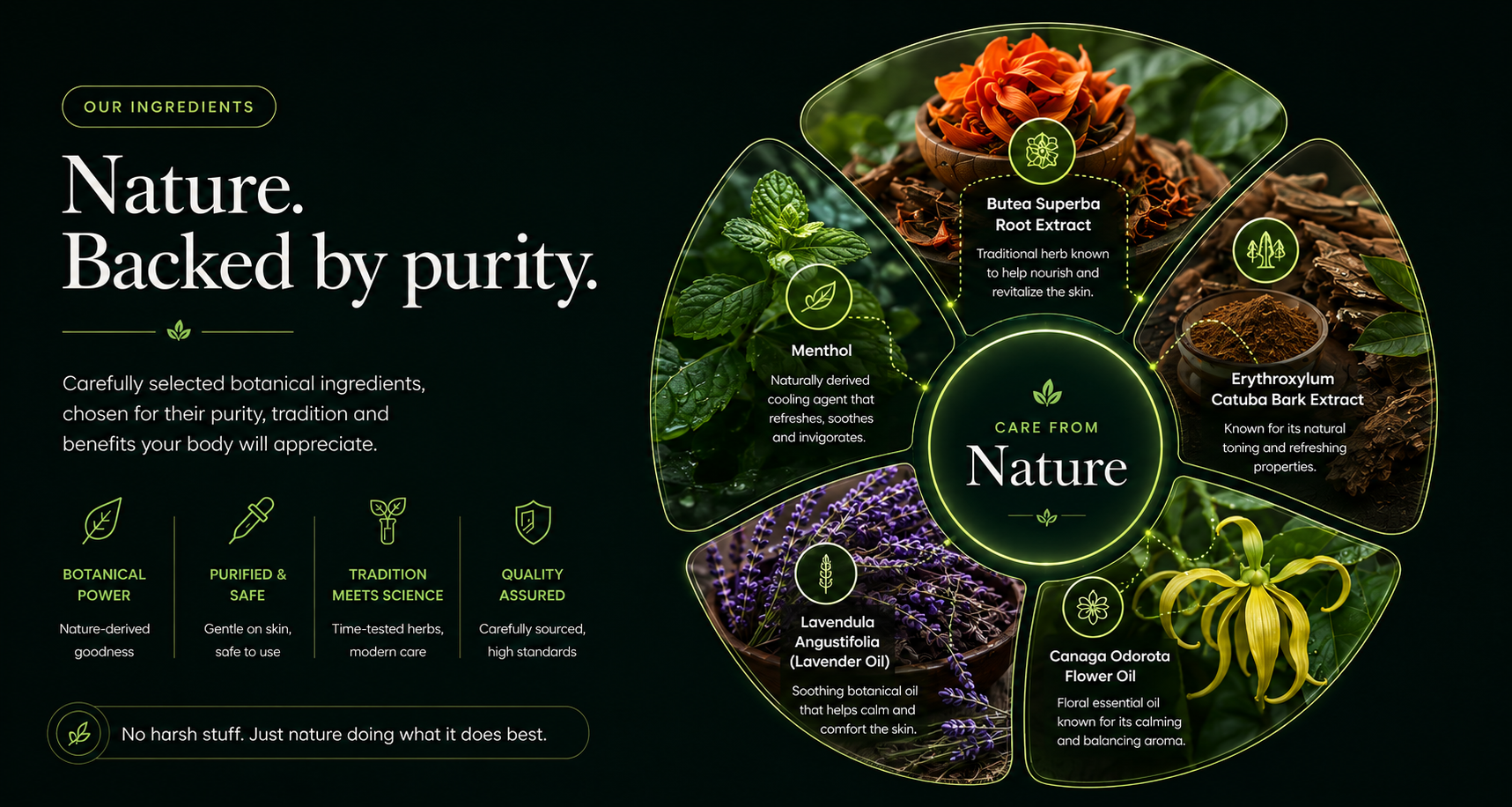 Nature backed by purity — botanical ingredients including Menthol, Butea Superba Root Extract, Erythroxylum Catuba Bark Extract, Lavandula Angustifolia Lavender Oil and Canaga Odorota Flower Oil